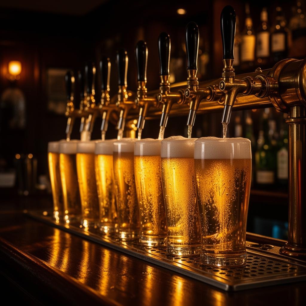 Rad av nytappade fatöl vid baren på Murphy's
