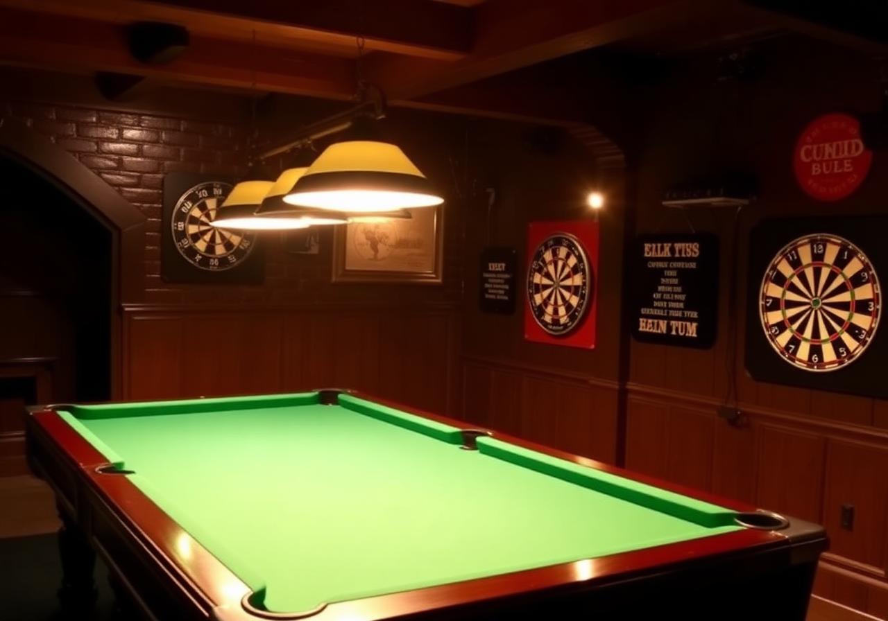 Spel på nedervåningen — shuffleboard, biljard och dart